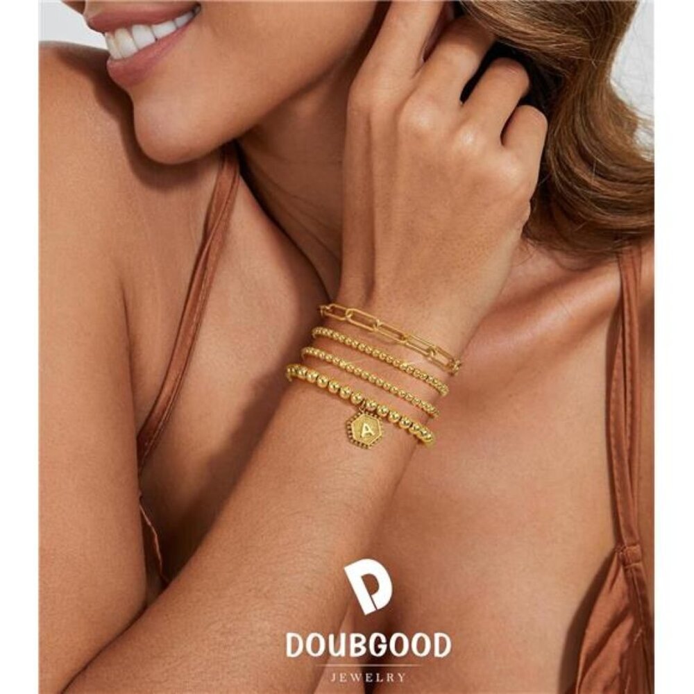 Stackable Gold Bracelets for Women, 4-Piece Initial Charm Set - Picture 2 of 7